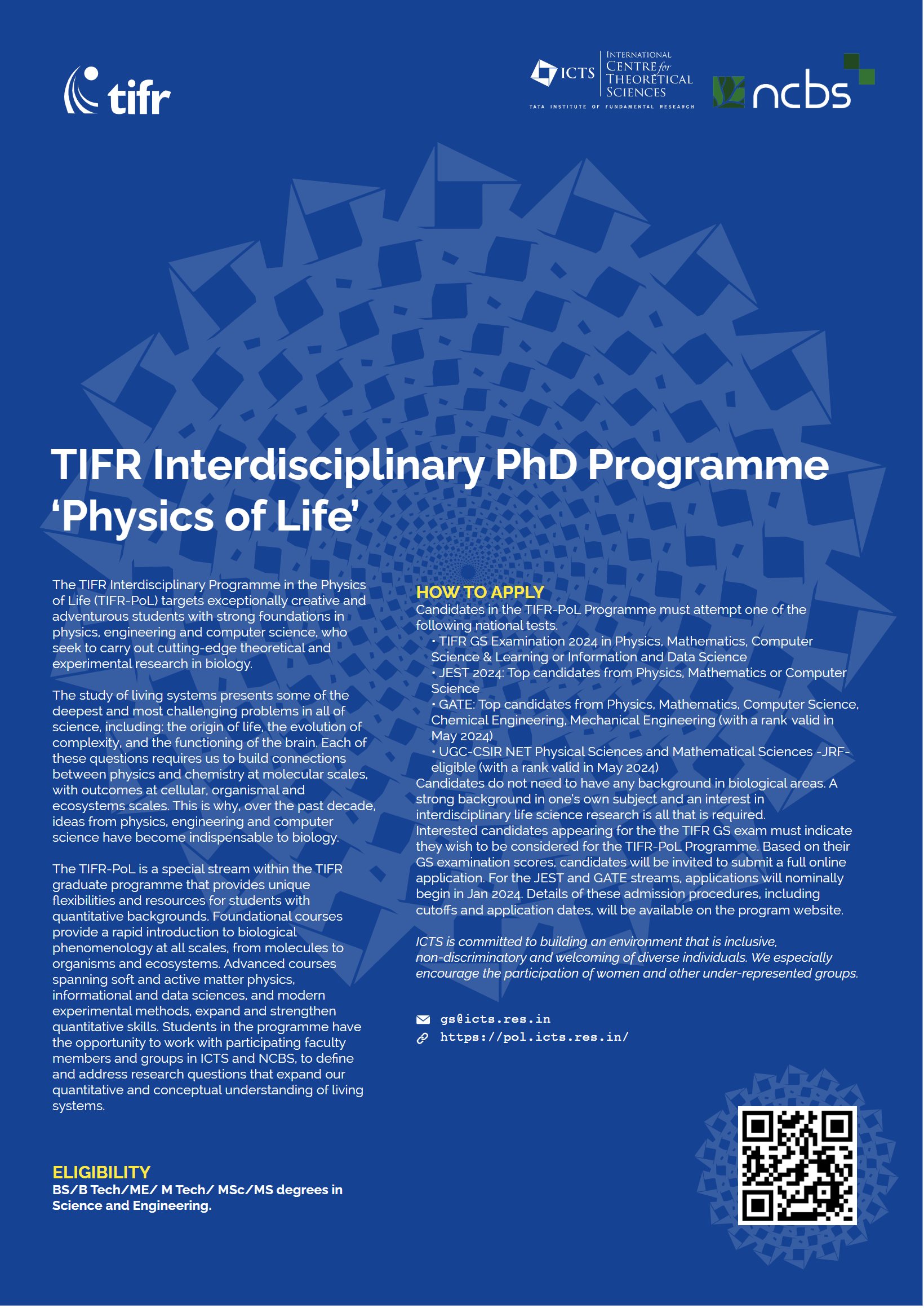 TIFR Interdisciplinary PhD Programme 'Physics of Life' ICTS